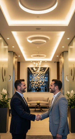 Two men in suits shaking hands in a brightly lit lobby with modern design and elegant decor