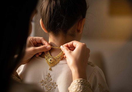 Close-up of woman's back with gold necklace and embroidered white top, person assisting with jewelry