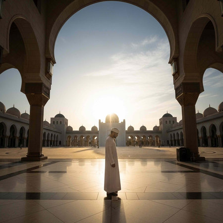 Man in white robe stands in mosque courtyard with arches and domes at sunset