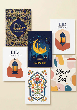 Colorful Eid greeting cards with lanterns, floral patterns, and festive messages