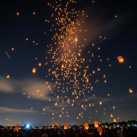 A large crowd watches as hundreds of glowing lanterns fill the dark night sky