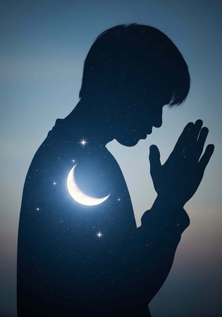 Dark silhouette of a person in prayer with a glowing crescent moon and stars