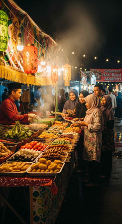 Colorful street food stall at night with diverse customers and vendor serving various dishes