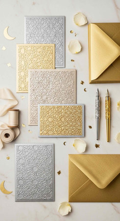 Luxurious stationery set featuring textured cards, envelopes, and writing tools in gold, silver, and...