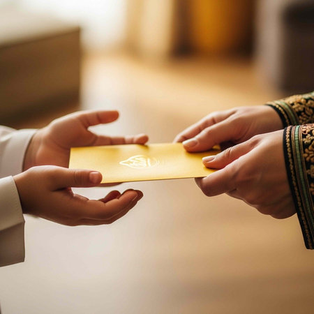 Two people exchanging a golden envelope with a white logo in a blurred background