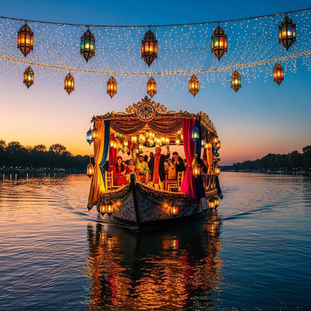 Decorated boat with lanterns and people on calm water at sunset with colorful sky and trees