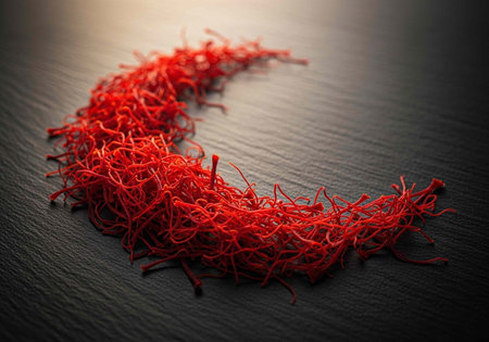 Pile of bright red saffron threads on dark background, showcasing intricate texture and color