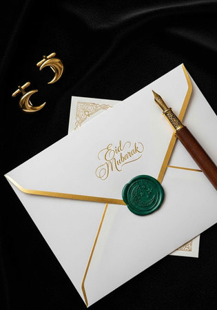 White invitation card with gold trim, green wax seal, and fountain pen on black fabric