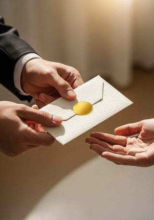 Close-up of hands exchanging white envelope with gold seal in a formal indoor setting
