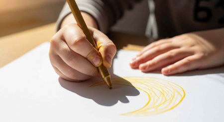 Child's hand holding yellow pencil, creating circular lines on white paperの写真素材