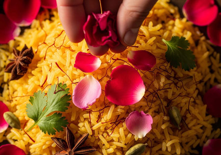 Colorful yellow rice dish garnished with saffron, rose petals, star anise, and fresh green herbsの写真素材
