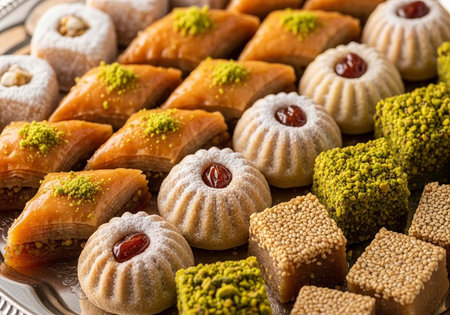 Colorful array of traditional desserts, including baklava, ma'amoul, and barfi, on a decorative plate.の写真素材