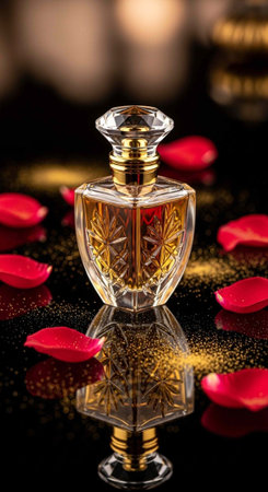 Glass perfume bottle with gold accents and rose petals on black reflective surface with gold dust