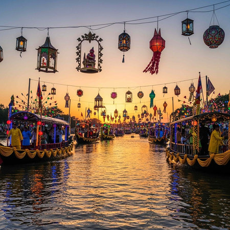 Boats with yellow decorations and people float on a calm river with hanging lanterns at sunset