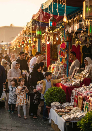 Crowd of people, including women in headscarves and children, shopping at lively marketplace with...