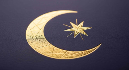 Shiny gold crescent moon and star with geometric patterns on dark blue textured surfaceの写真素材