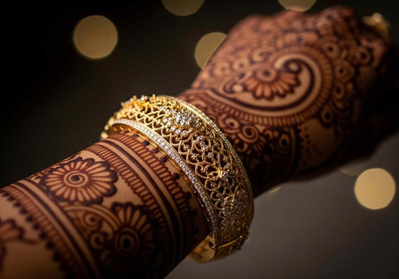 Close-up of henna tattooed wrist with gold bangles, showcasing intricate designs and patterns