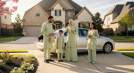 A family of four wearing matching green outfits stand in front of a silver car and large suburban...