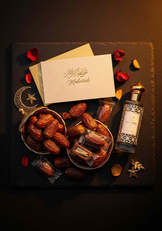 Festive arrangement of dates, perfume, and Ramadan Mubarak cards on a dark surface