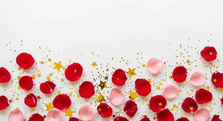Colorful rose petals and golden stars scattered on a clean white surface for festive decoration