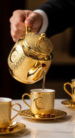 A hand pours tea from a gold teapot into a gold cup on a white table with fine chinaの写真素材