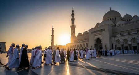 Group of men in white robes walking towards a large mosque at sunset, with minarets and domes...