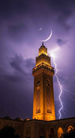 Towering mosque minaret stands under dramatic stormy sky with crescent moon and lightning bolt at...