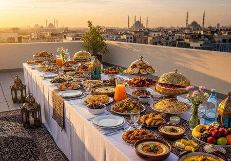A long white table laden with various traditional Middle Eastern dishes and drinks on a rooftop...