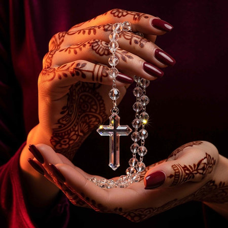 Close-up of hands with henna tattoos holding crystal rosary and cross