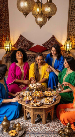 Group of women in vibrant robes sitting around a table with food and tea in a beautifully decorated...