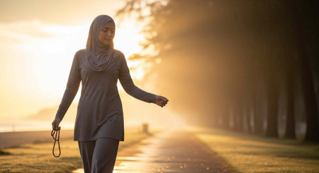 Female in grey athletic wear and hijab strolling on a tree-lined path at golden hourの写真素材