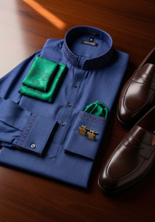 Blue dress shirt with green pocket square and cufflinks, paired with brown leather shoes on wood