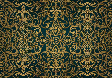 A beautiful gold and green ornate pattern with intricate designs and swirling shapes
