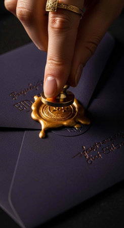 A hand sealing an envelope with a gold wax stamp on a dark background