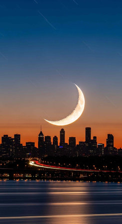 A serene cityscape at dusk with a crescent moon shining brightly in the skyの写真素材