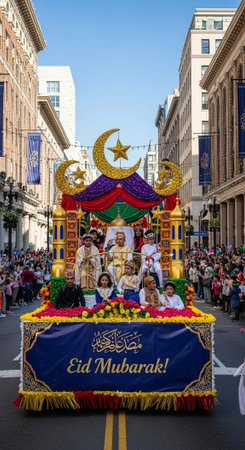 A vibrant Eid Mubarak celebration parade floats through a crowded city street with joyful people