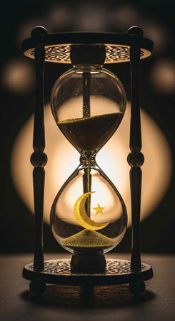 An hourglass with a crescent moon and star inside, illuminated from behind, symbolizing time and...