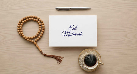 A festive Eid Mubarak greeting card with traditional accessories on a wooden table