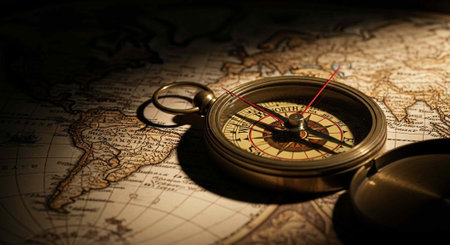 A vintage compass lies open on a detailed world map in a dark setting