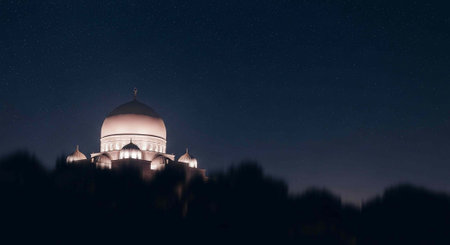 The Taj Mahal illuminated at night with a large dome and smaller domes, set against a starry skyの写真素材