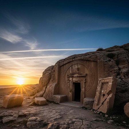 Carved stone entrance with archway and doorway, set against a vibrant sunset and rocky terrain