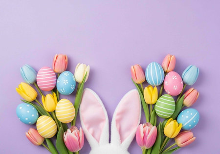 Pink bunny ears surrounded by vibrant tulips and decorated eggs on a soft purple surface