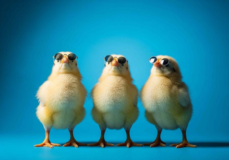 Three small yellow chicks with sunglasses standing on blue surface and background