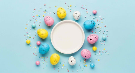 Pastel Easter eggs, sprinkles, and a white plate on a light blue surface, creating a festive...