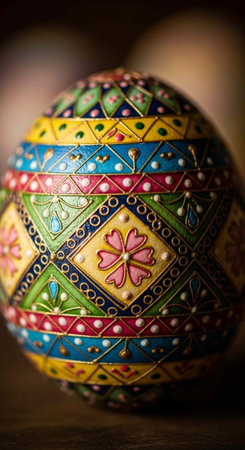 Colorful egg with geometric shapes, flowers, and dots in yellow, pink, blue, green, and redの写真素材