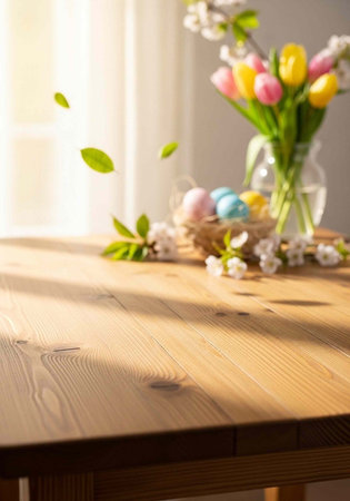 Colorful tulips, Easter eggs in a nest, and white flowers on a wooden table near a window