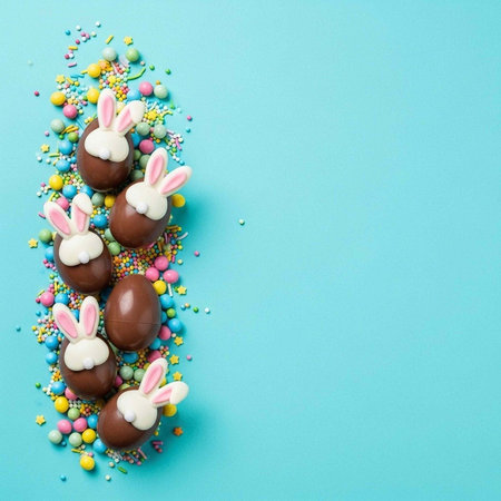 Adorable chocolate Easter eggs with bunny ears and sprinkles on a light blue surface