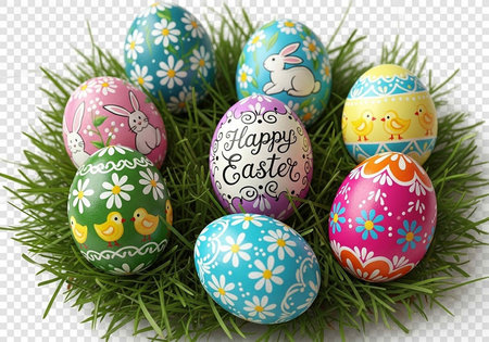 Vibrant Easter eggs with floral designs and Easter themes in a green grass nest