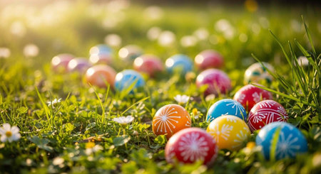 Vibrant Easter eggs lie in lush green grass with small white flowers