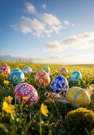 Decorated Easter eggs in various colors sit amidst a lush green field of small yellow flowers
